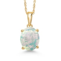 Gem Stone King 14K Yellow Gold Simulated White Opal Pendant Necklace | 1.00 Cttw | Gemstone October Birthstone | Oval Cabochon 9X7MM | Gold Necklace for Women | With 18 inch Gold Chain