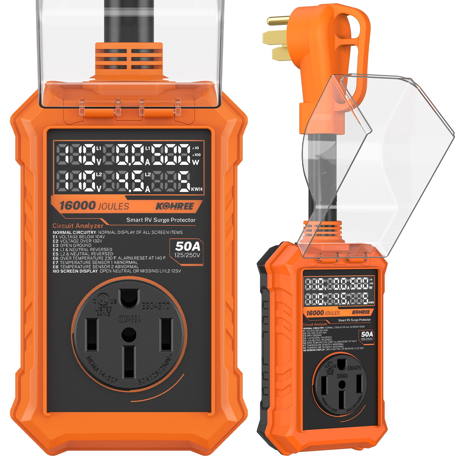Kohree RV Surge Protector 50 Amp, 125V/250V 16000 Joules RV Circuit Analyzer with High/Low Voltage Protection for Camper Travel Trailers