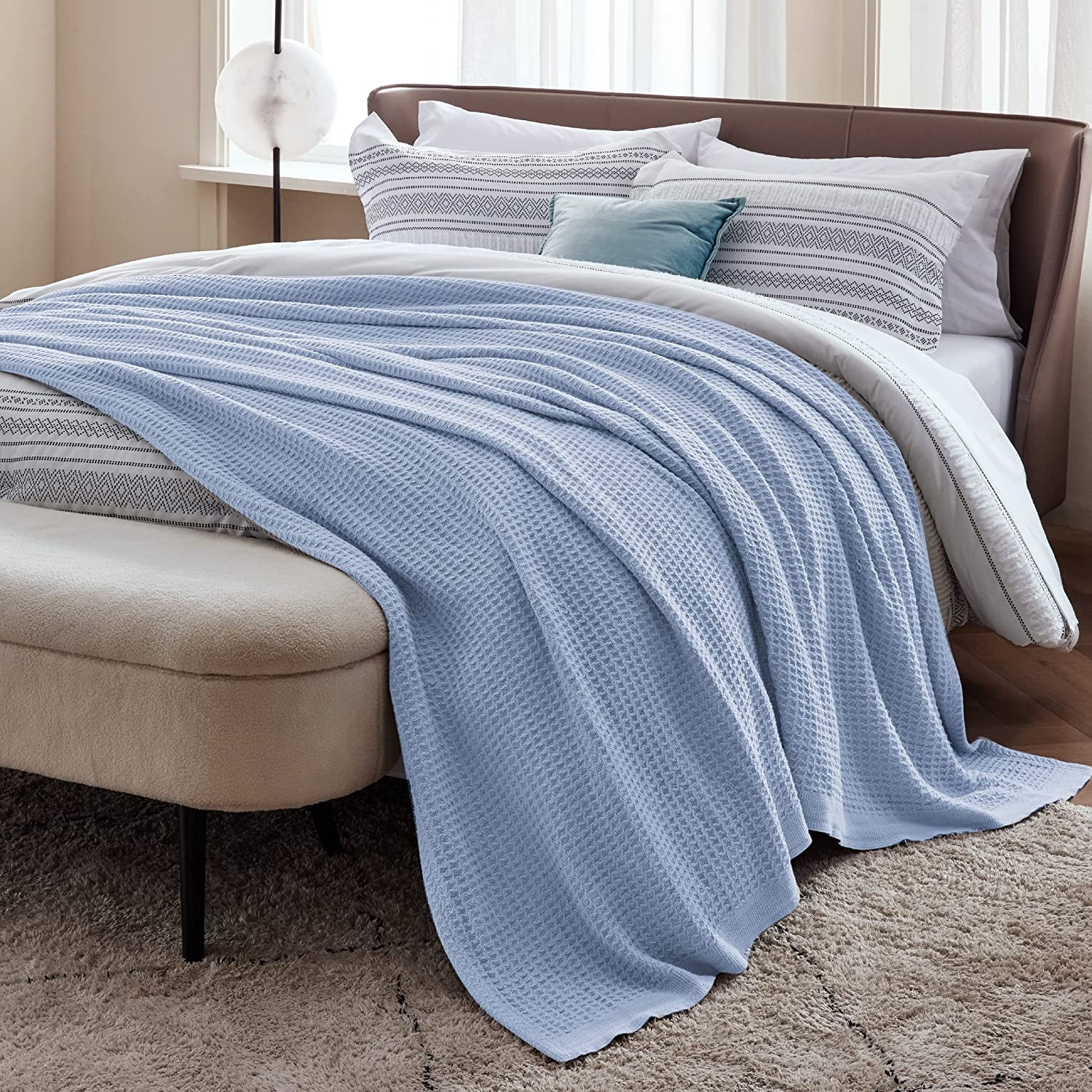 Bedsure 100 Cotton Blankets King Blue Waffle Weave Blankets for All