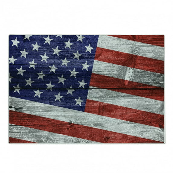 USA Cutting Board, Independence Day Commonwealth Country Patriotism Wooden Plank Rustic Image, Decorative Tempered Glass Cutting and Serving Board, Small Size, Navy Blue Red White, by Ambesonne