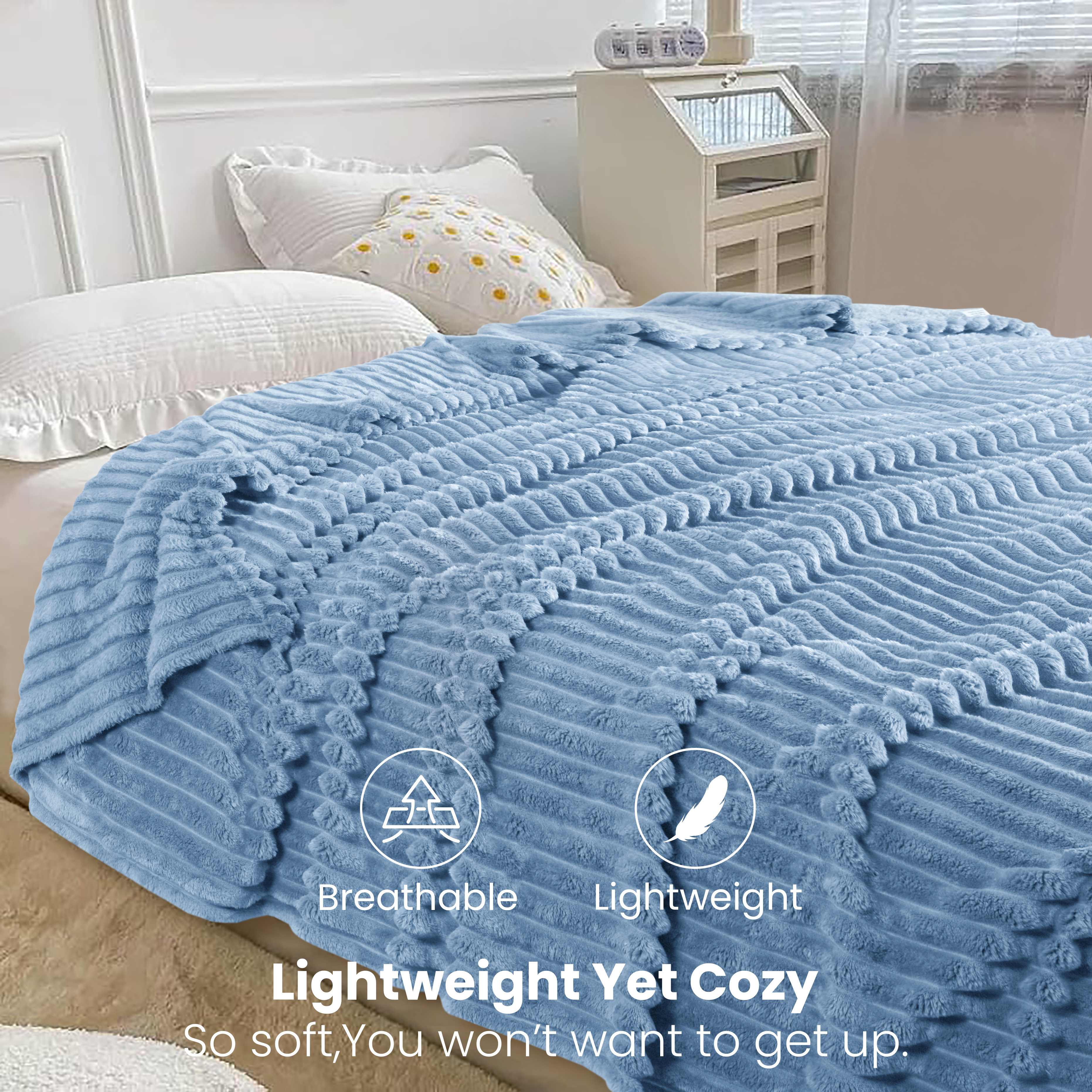 Oversized Queen Blanket for Bed (90”x100”), 400GSM Super Soft & Warm Fleece Throw Blankets for Bed, Couch, Sofa - 3D Ribbed Fluffy Lightweight Blanket All Season&nbsp;Use