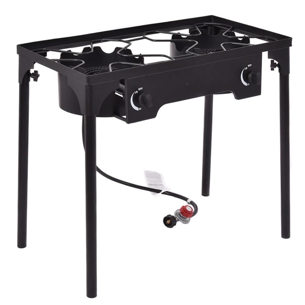 Double Burner Gas Propane Cooker Outdoor Stove Stand BBQ Grill Black Metal