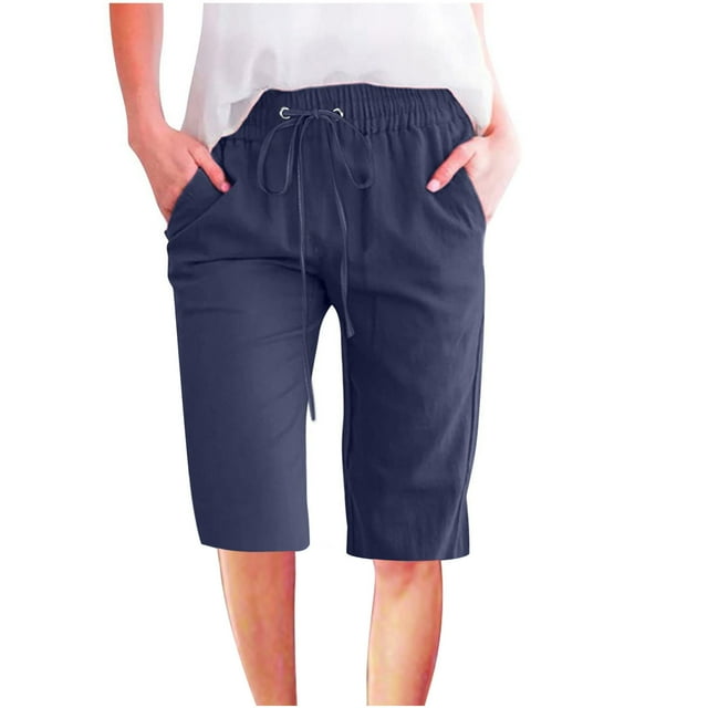 JIUKE Womens Cotton Linen Shorts Plus Size Elastic Waisted Drawstring Casual Knee Length Shorts with Pockets