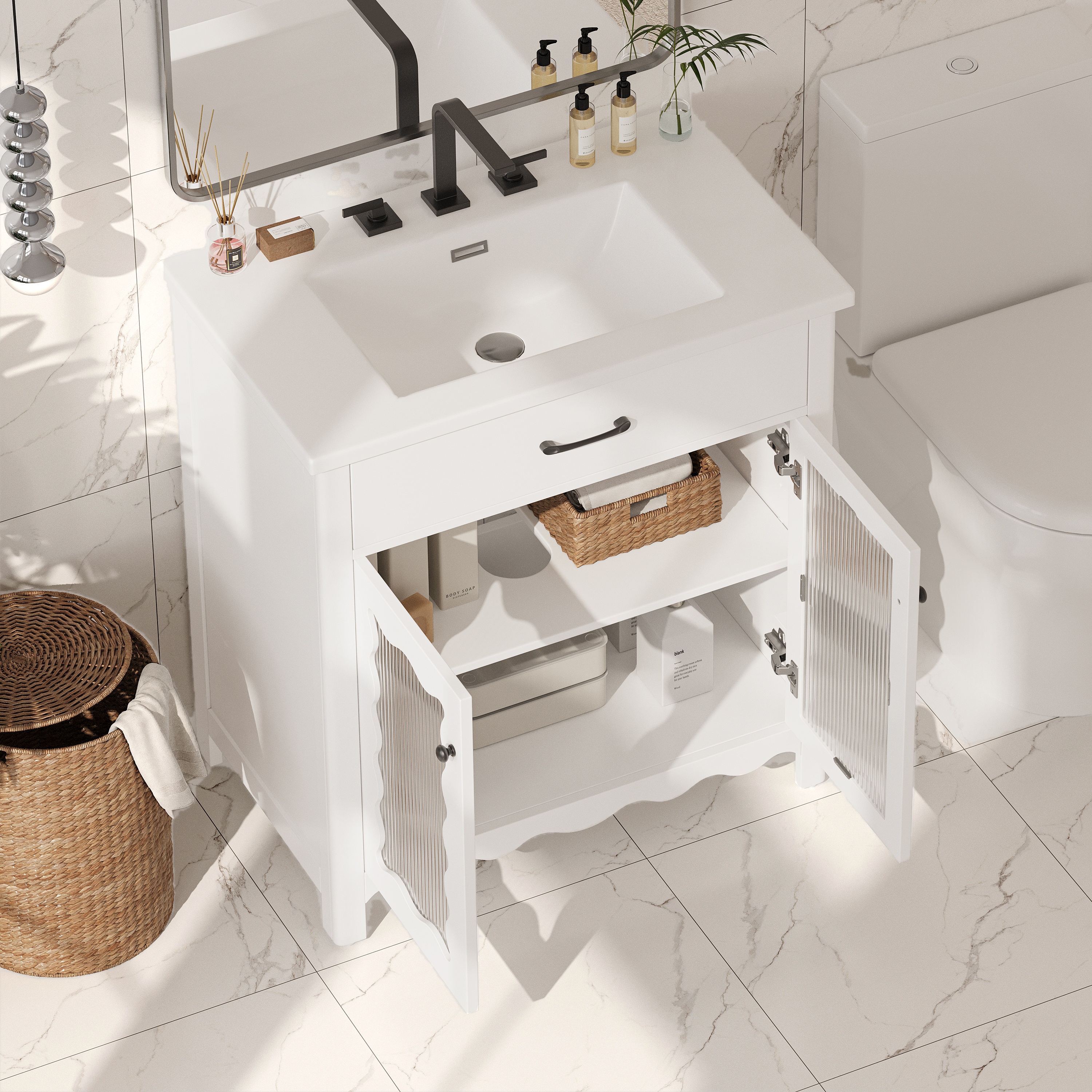 SESSLIFE 30 Inch Bathroom Vanity with Sink, White Bathroom Cabinet with Vertical Striped Tempered Glass Doors, Soft Close Doors, Rubber Wood Legs, Single Sink Vanity