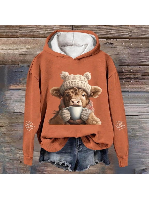 Hoodie for Women Oversized Coffee Cup Highland Cow Graphic Pullover Hooded Long Sleeve Cottagecore Loungewear Top Fall Winter Oversized Sweatshirts Orange XL