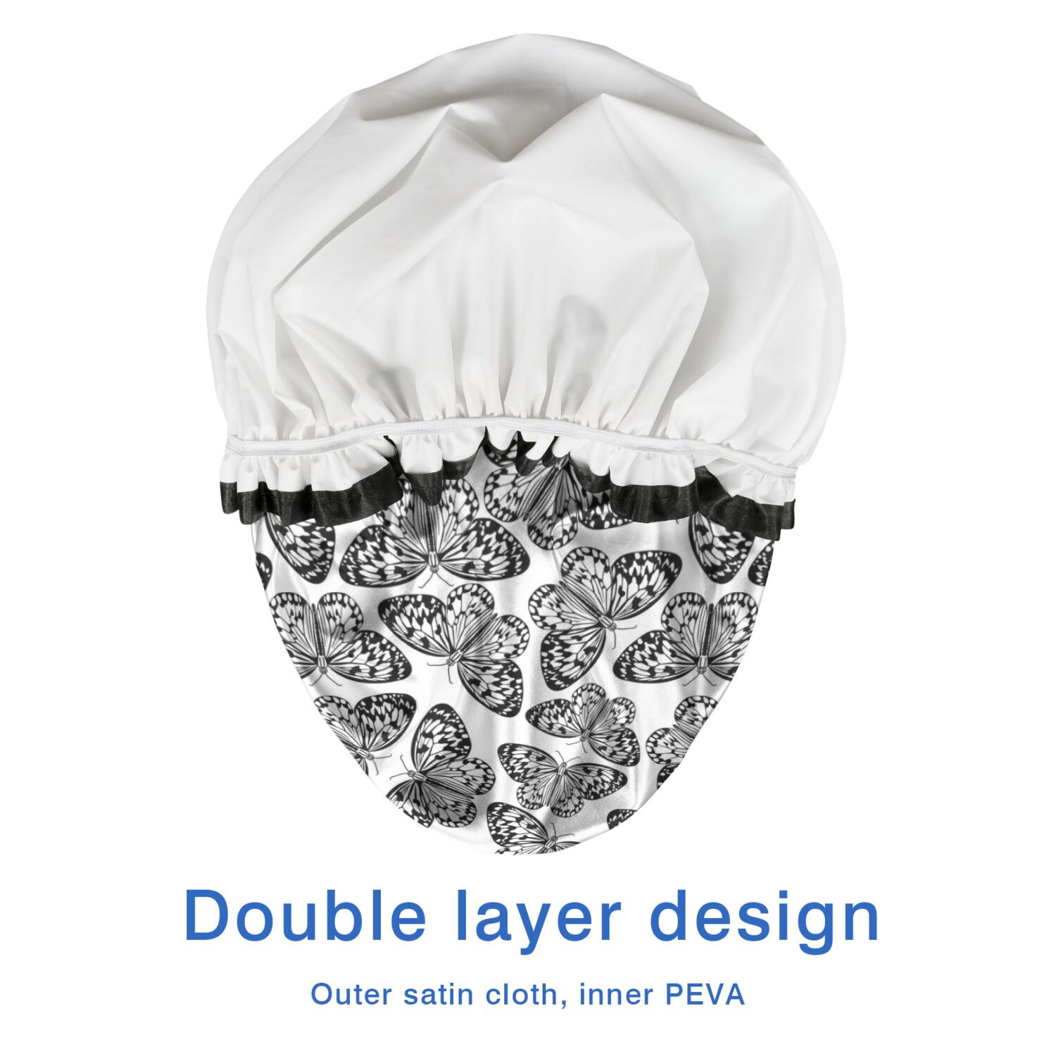 Shower Caps,White Butterfly Black Pattern Waterproof Shower Cap for Women 4 Pieces,Double Reusable Hair Cover for Shower PEVA Elastic Stretch Hem
