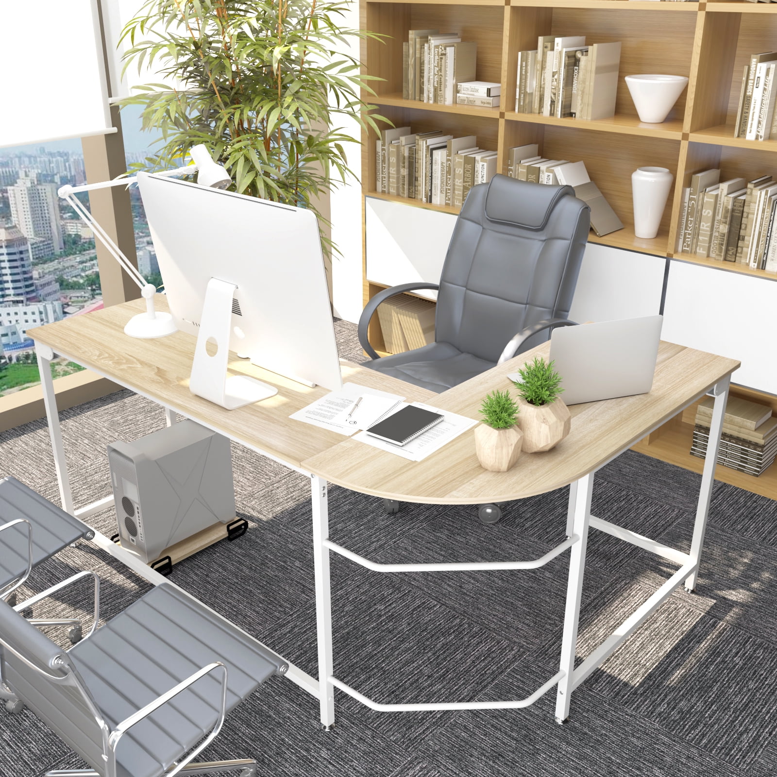 Lshaped Computer Corner Desk Wood board Steel frame Laptop Table