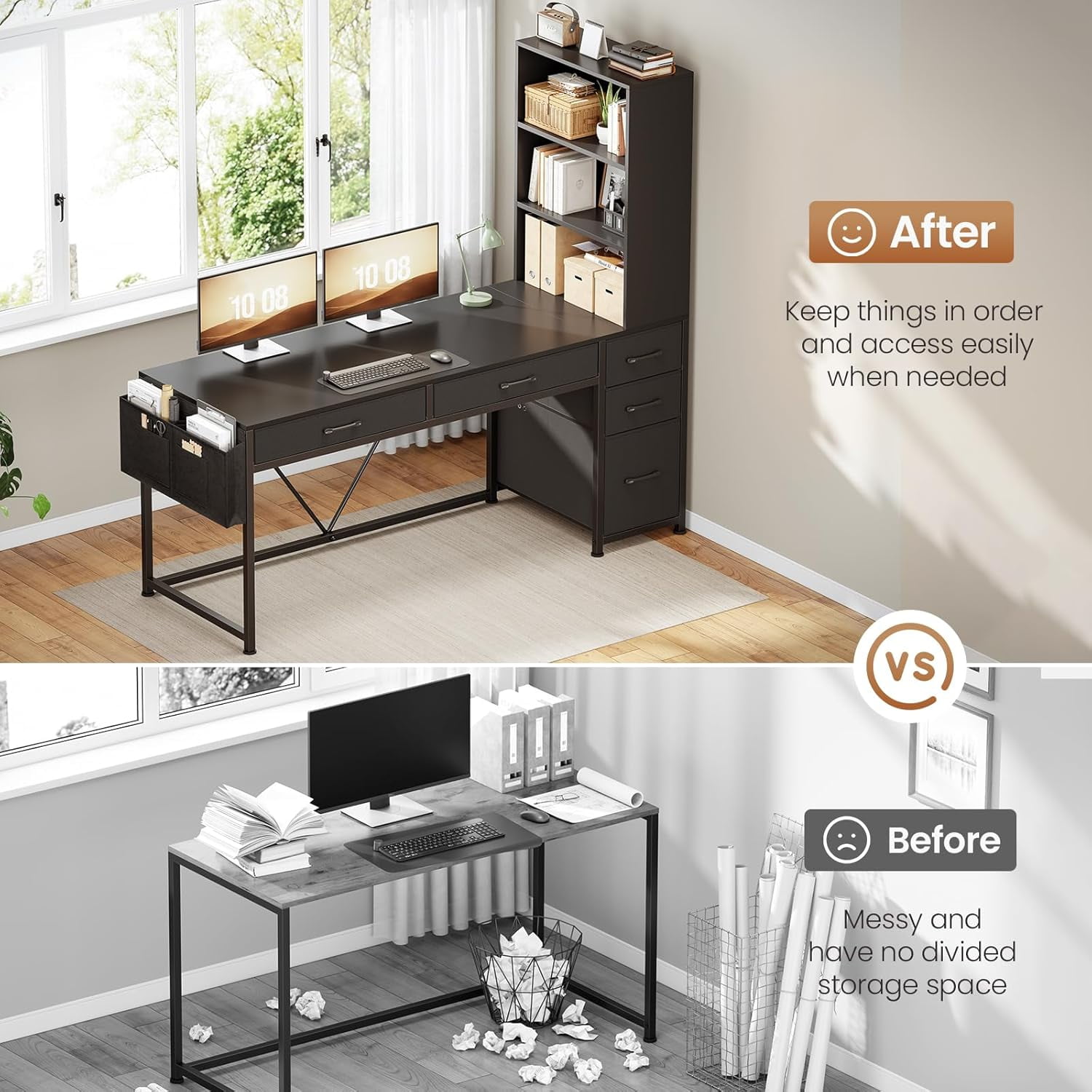 47" Home Office Desk with Bookcase & Storage Bag, Reversible Computer Desk with 5 Drawers and 3-Tier Bookshelves, Gaming Desk with Storage and Led Lights for Small Space, Black