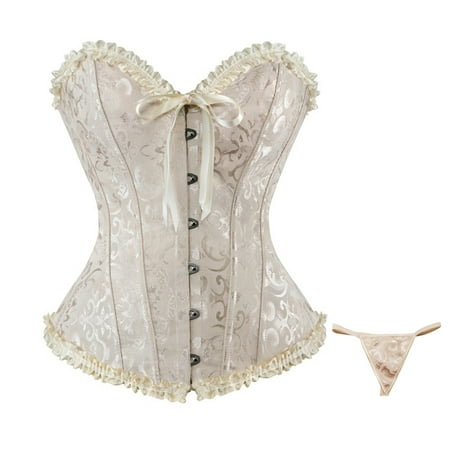 CHCNHAC Corset Lingerie for Women Floral Trim Corset Lingerie Cute Satin Lace Up Tummy Control Shapewear Plus Size Boned Halloween Outfits Beige 5XL