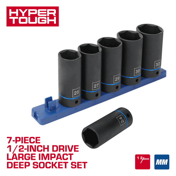 Hyper Tough 1/2 in Drive Metric Large Impact Deep Socket Set, 7 Pieces
