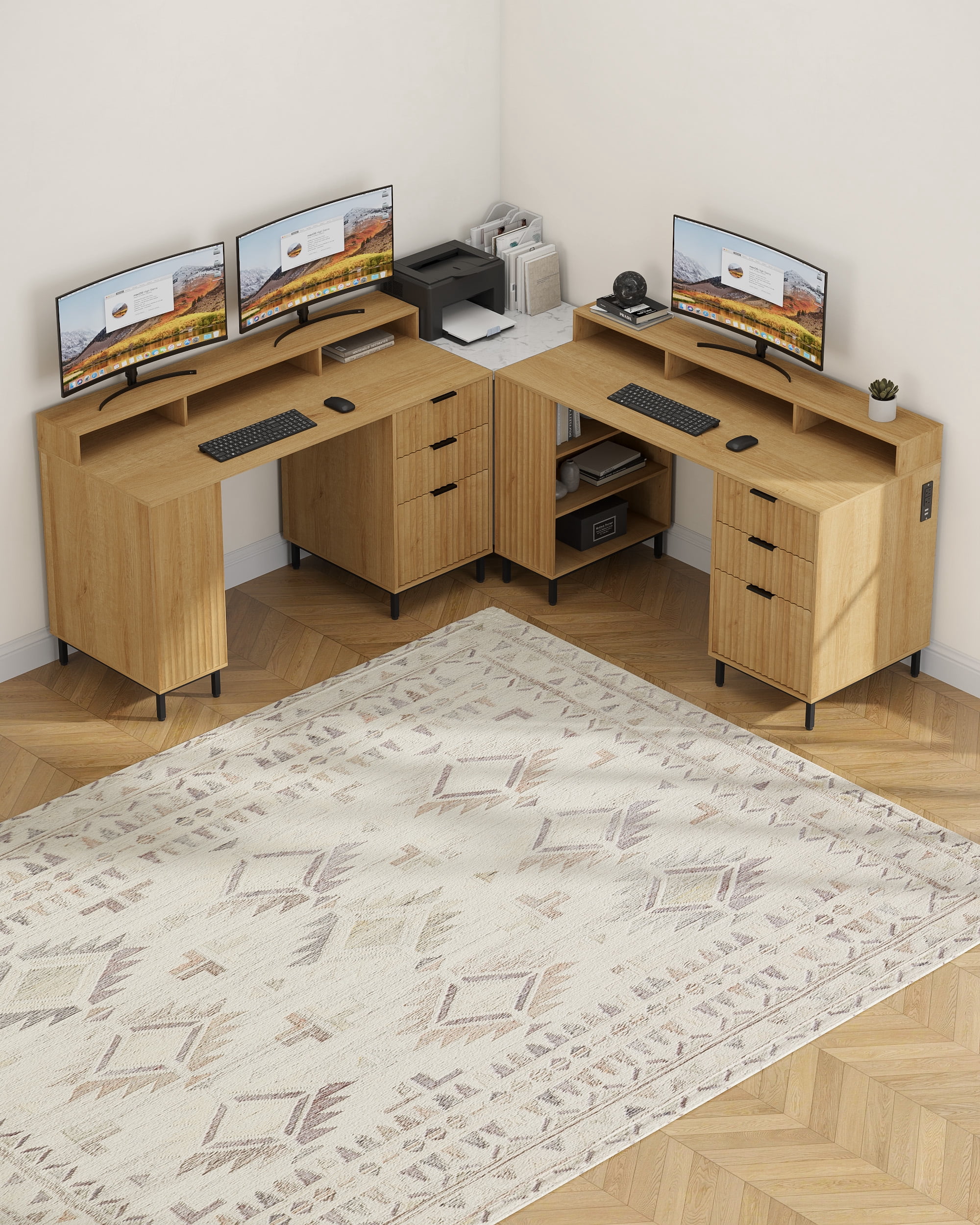 Joyyskill 55'' Fluted Executive Desk with Drawers, Modern Home Office Computer Desk with Charging Station, File Drawer, Monitor Stand, Storage Shelf for Work Writing Study, Natural Oak