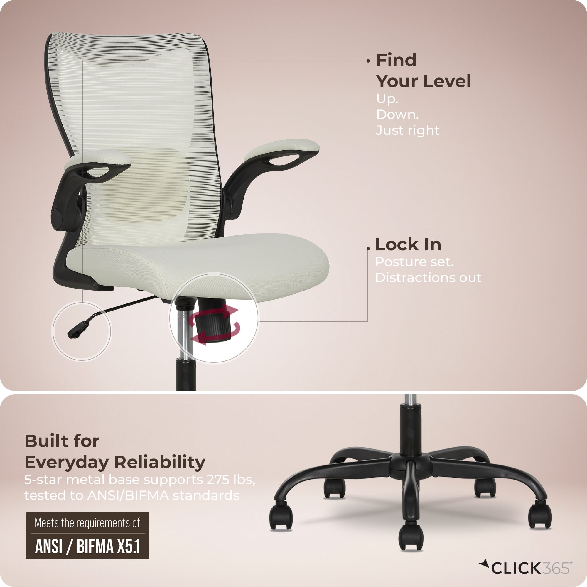 Click365 Adult Mesh High Back Indoor Commercial Ergonomic and Adjustable Lumbar Support Office Chairs, Hardware Kit, Beige