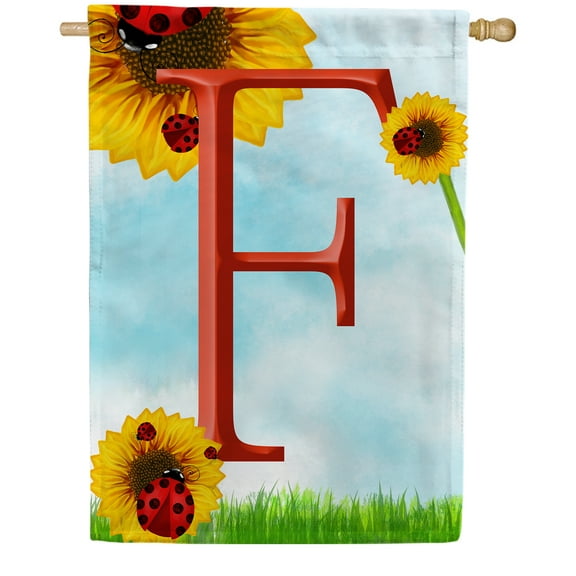 America Forever Summer Sunflower Ladybugs Monogram House Flag Letter F 28 x 40 inches Yellow Floral Spring Double Sided Vertical Outdoor Yard Lawn Decorative Yellow Hello Sunshine House Flag