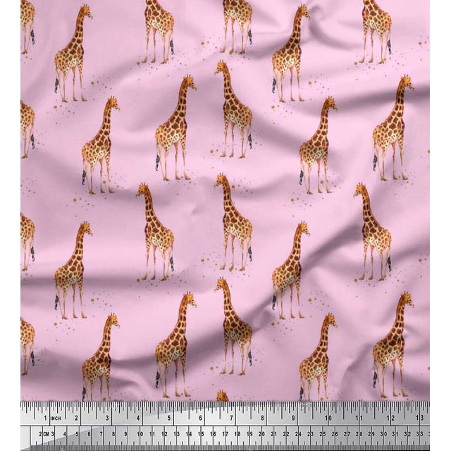 Soimoi Pink polyester Crepe Fabric Dot & Giraffe Animal Printed Fabric 1 Yard 52 Inch Wide