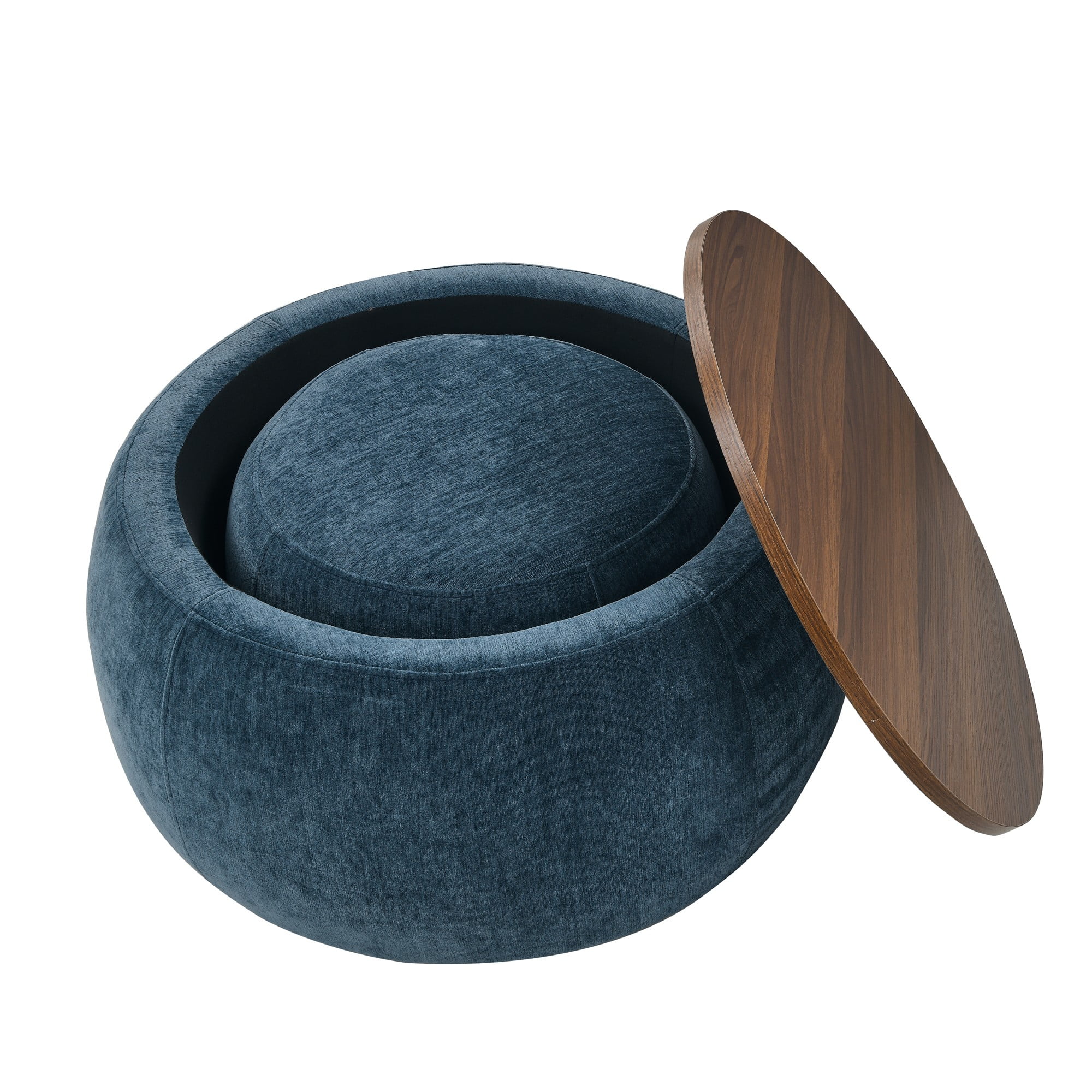Aukfa 2pc Round Storage Ottoman, Chenille Upholstered Pouf Foot Rest Stools, Coffee End Table for Living Room, Bedroom, Dorm, Blue