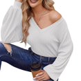 thumbnail image 3 of Women'S Long Sleeve V Neck Lantern Blouse Dressy Casual Ribbed Knit Tunics Loose Fit Fall Shirts 2025 White M, 3 of 8