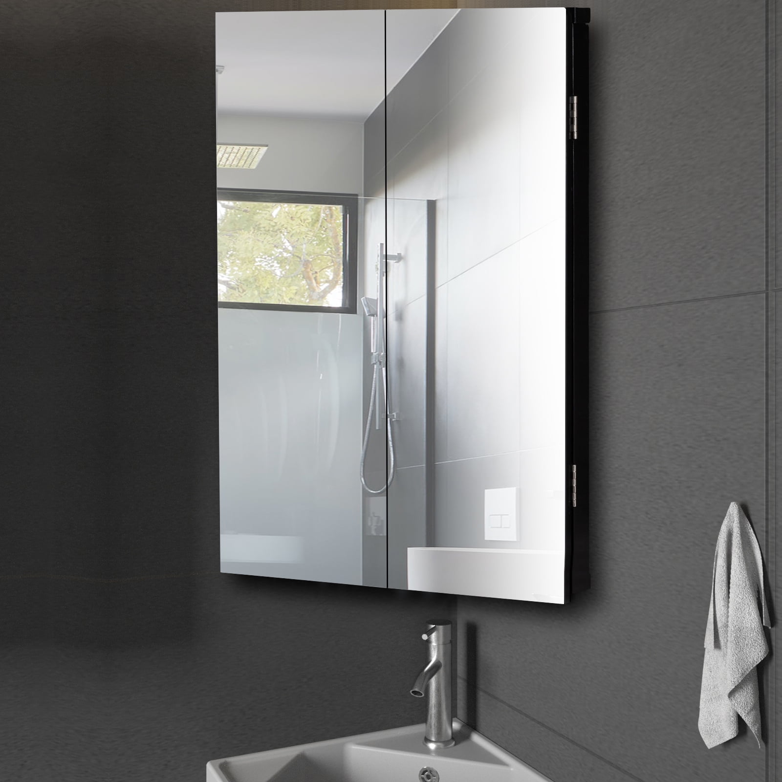 Eclife Rectangle Corner Medicine Cabinet with Mirror Wall Mounted Bathroom Organizer, Black