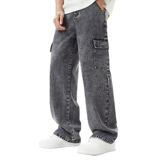 Mercatoo Teen Boys Cargo Jeans Stretchy Baggy Versatile Straight Elastic Waist Washed Denim Pants Youth Loose Relaxed Streetwear