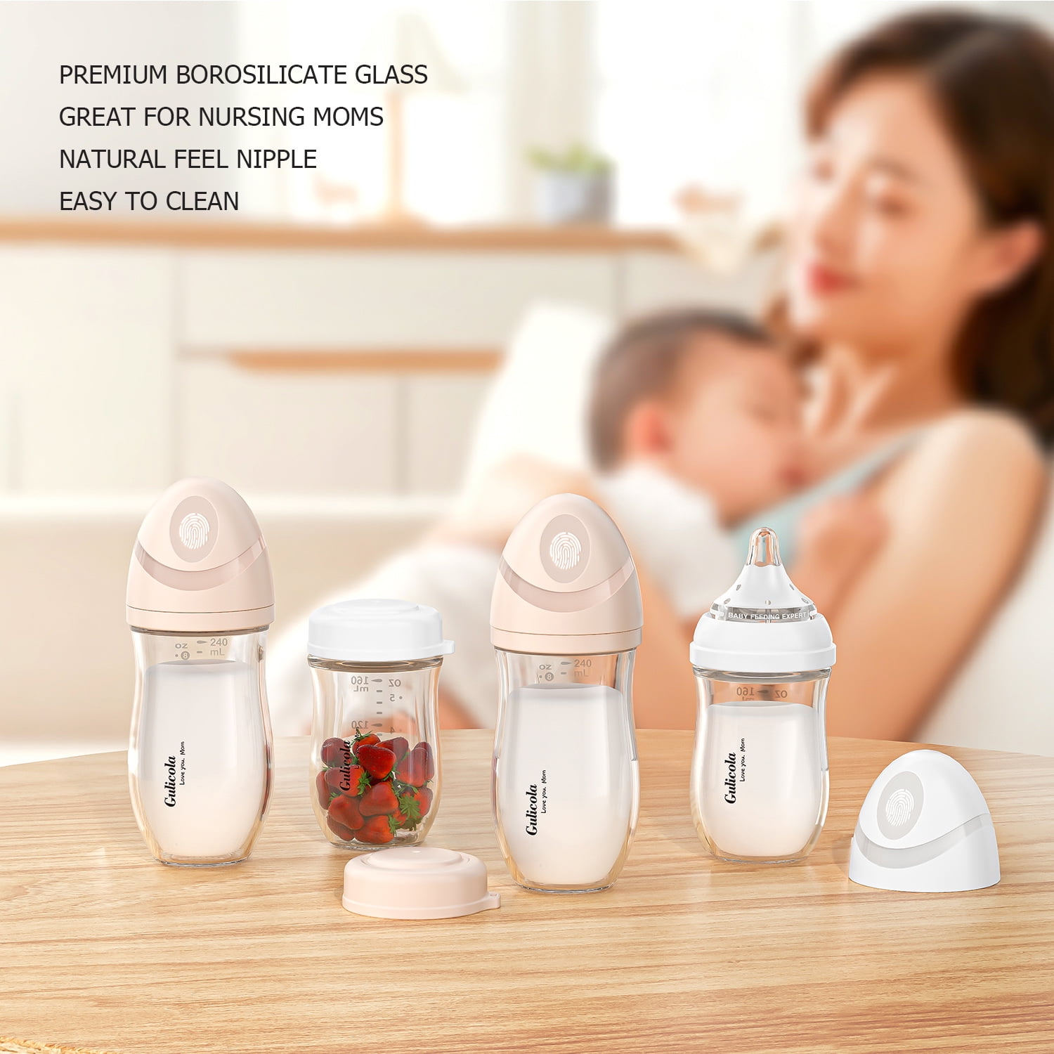Gulicola Natural Glass Baby Bottles 8oz - Anti-Colic for Breastfed Infants, Medium Flow Nipple (3+ Months), 2-Pack Set