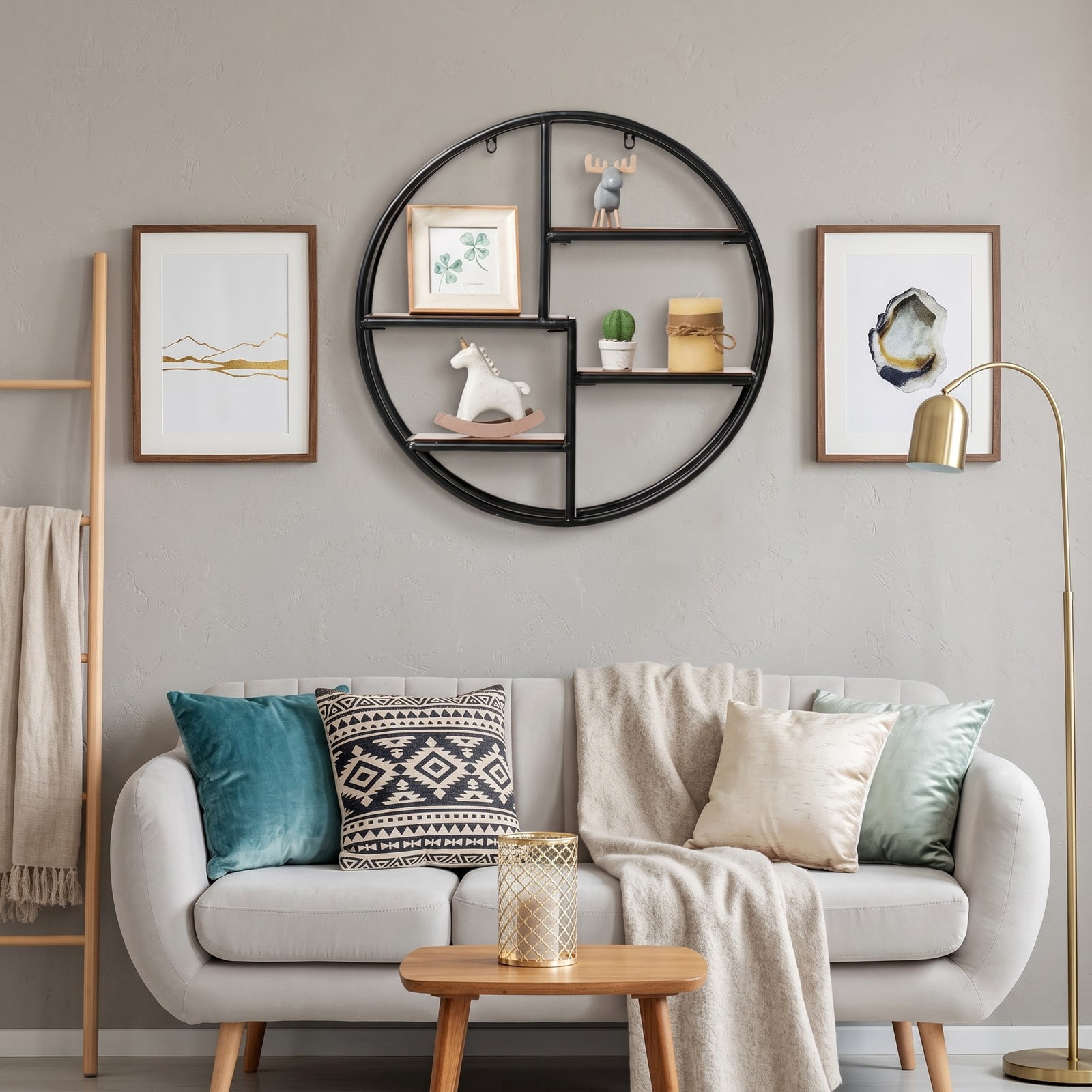 Furnibear Round Floating Shelf 4-Tier Wall-Mounted Storage Rack, Solid Wood and Metal Circular Hanging Display Shelves for Living Room Bedroom Bathroom Office, Black