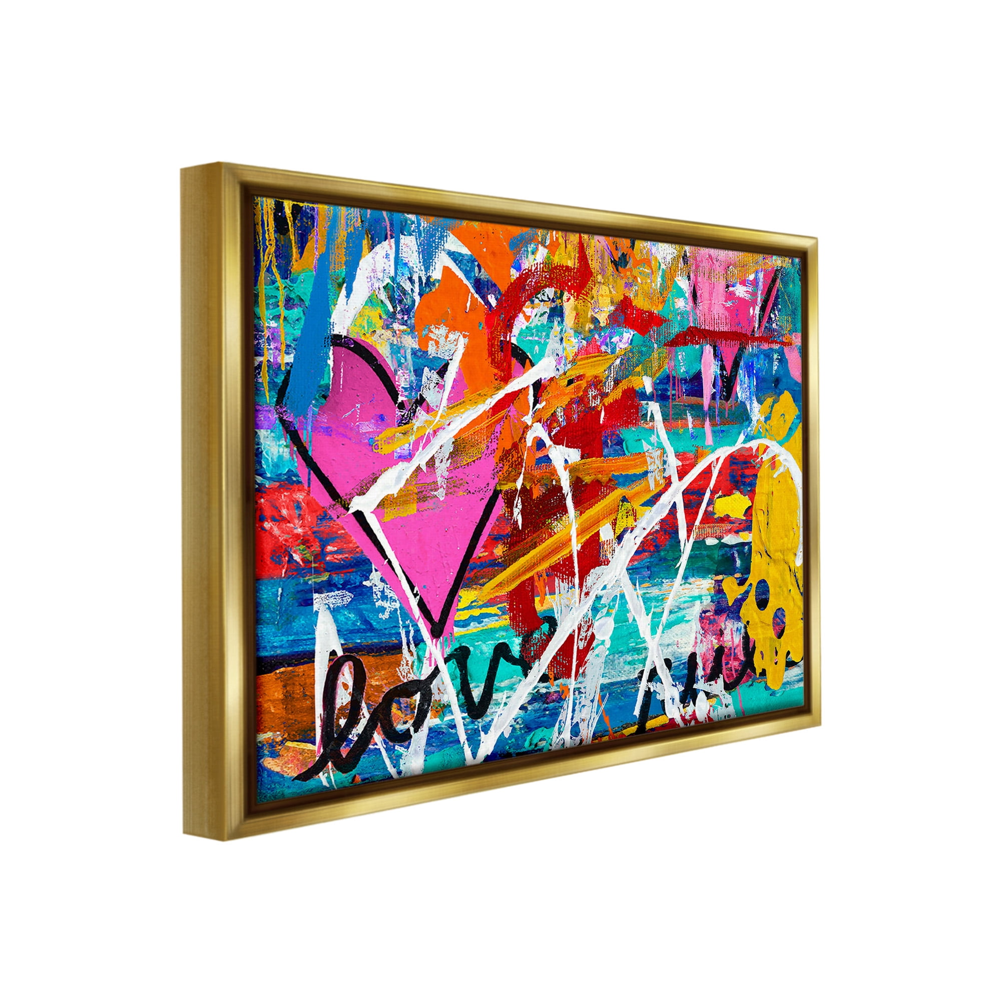 Stupell Industries Urban Heart Graffiti Collage Abstract Painting Gold Floater Framed Canvas Art Print Wall Art, 31 x 25