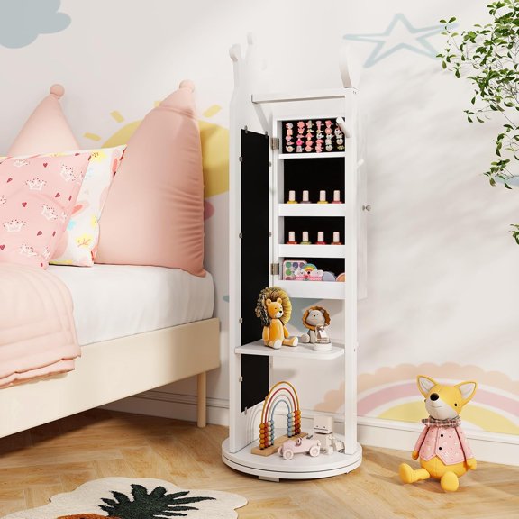 360° Swivel Mirrored Kids Jewelry Cabinet with Full-Length Mirror, 44" Standing Children Jewelry Organizer with Rear Storage Shelves, Kids Vanity Dress Up Jewelry Armoire for Girls (White)