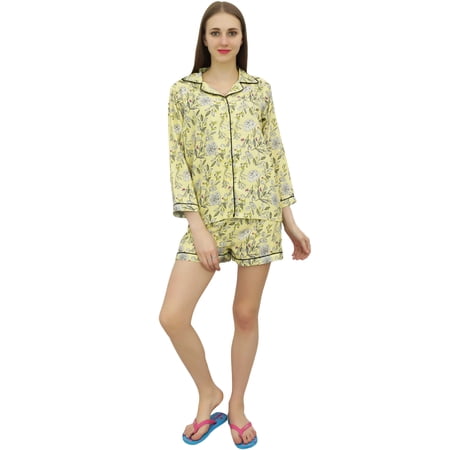 Bimba Yellow Button-Down Shirt With Elastic Waist Short 2 Pcs NightWear Set-26