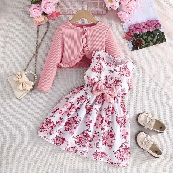 OOOUM Girls Outfits Set Floral Sundress And Long Sleeve Ruffle Cardigan 2 Piece Set Spring Fall Clothing Sets Pink 5-6 Years