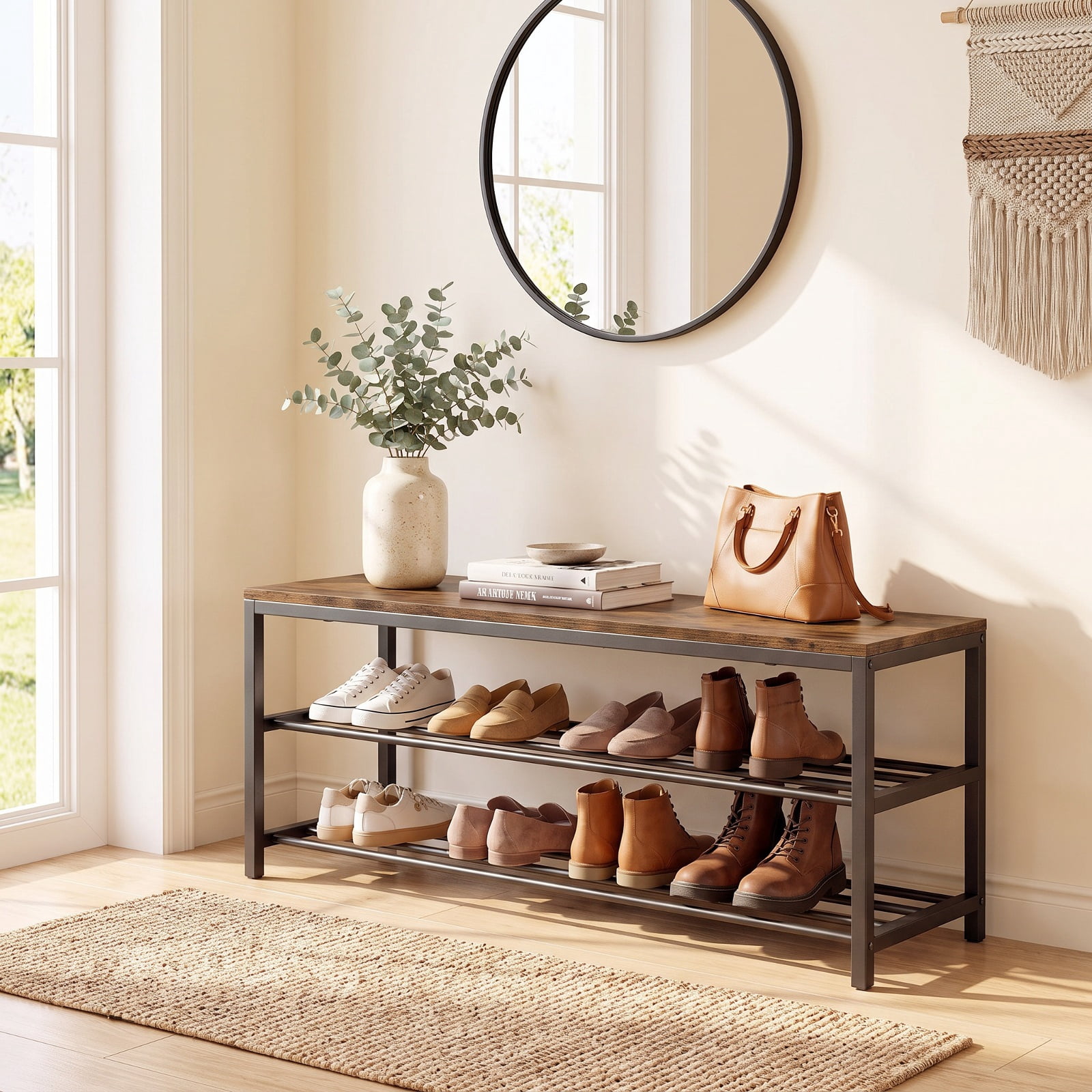 Furnibear 3 Tier Industrial Shoe Bench with 3 Removable Fabric Drawers and Anti Toppling Kits for Entryway Shoe Storage, Rustic Brown