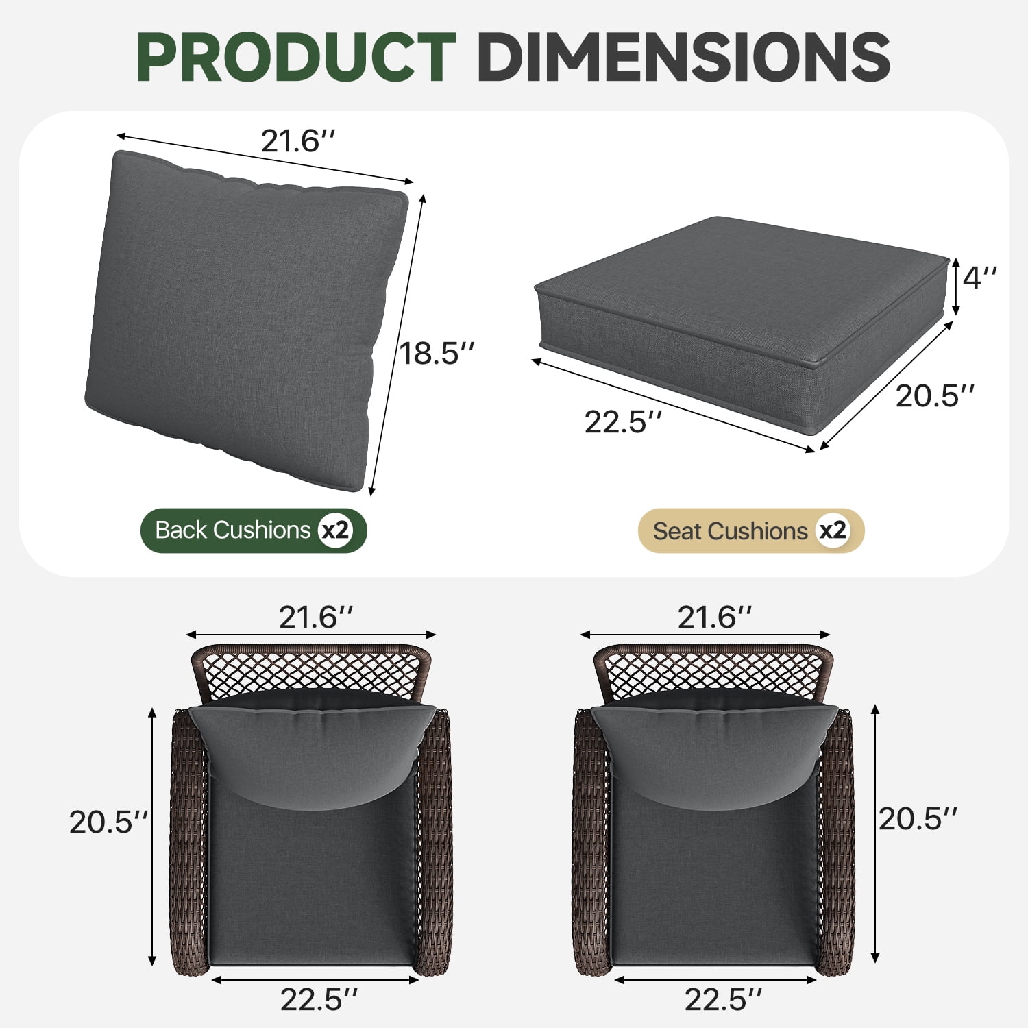 BaPiPro 4pcs Outdoor Patio Chair Cushions,Waterproof Seat & Backrest Cushion Set for Wicker Rattan Chair, Deep Seat Patio Furniture Cushions for Garden Backyard Porch, Dark Gray
