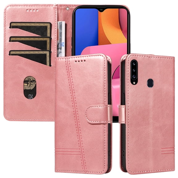 Flip Case for Samsung Galaxy A20S Dual SIM, 360 Degree Protection Shockproof PU Leather Wallet Phone Cover, Kickstand and 3 Card Slots, Rose Gold