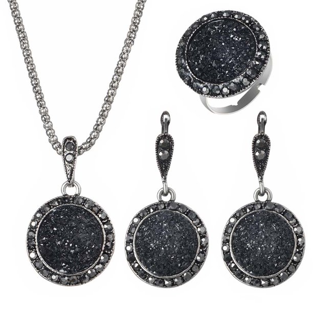 unbranded 4Ud Conjunto De Collar Pendientes Y Anillo Negro Con Trabajo Detallado Para Mujer