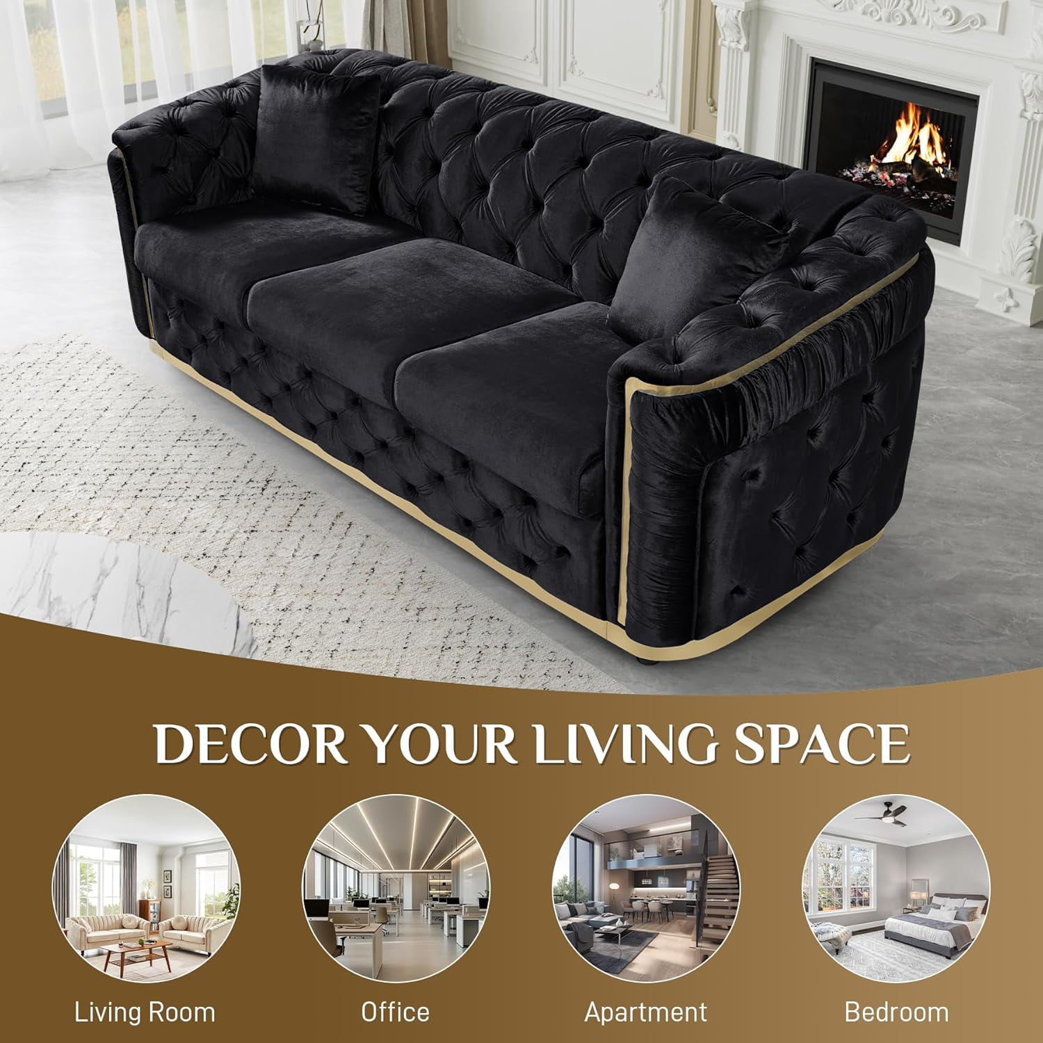 Wiilayok 84.6" Velvet Button Tufted Sofa,Mid-Century Classic Chesterfield Sofa Couch with Thick Backrest&Armrest,Gold Steel Accents,3 Seat Sofa Couches for Living Room,Black