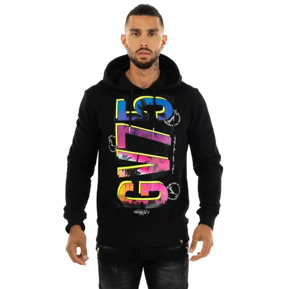 Avenue George V Paris Men's GV75 Rhinestone Pullover Fleece Hoodie Sweatshirt (Large, Black)