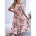 thumbnail image 5 of Women's Floral Elegant Pleated Midi Print Batwing Sleeve Tie Waist Dress for Daily Wear Pink S, 5 of 10