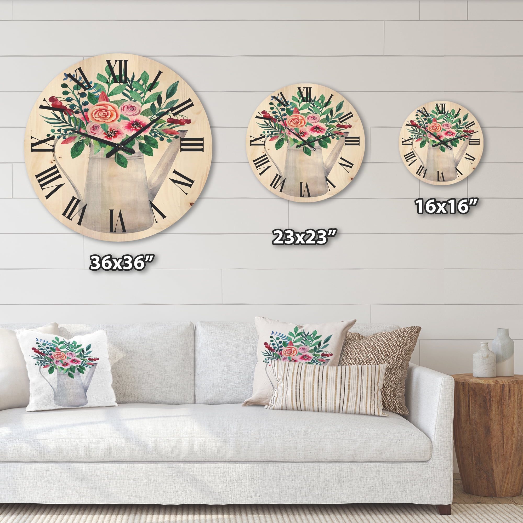 Designart 'Bouquets of Flowers In Rustic Flowering Pot With Berries' Traditional Wood Wall Clock