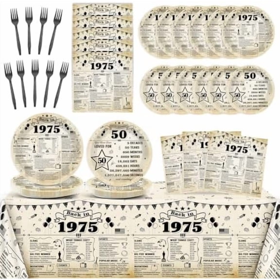50th Birthday Tableware Set for Back in 1975 Birthday Party Supplies Vintage 50 Year Old Themed Paper Dessert Plates Napkins Tablecloths Serves 24 Guests 1975 Retro 50th Parties Decorations Favors