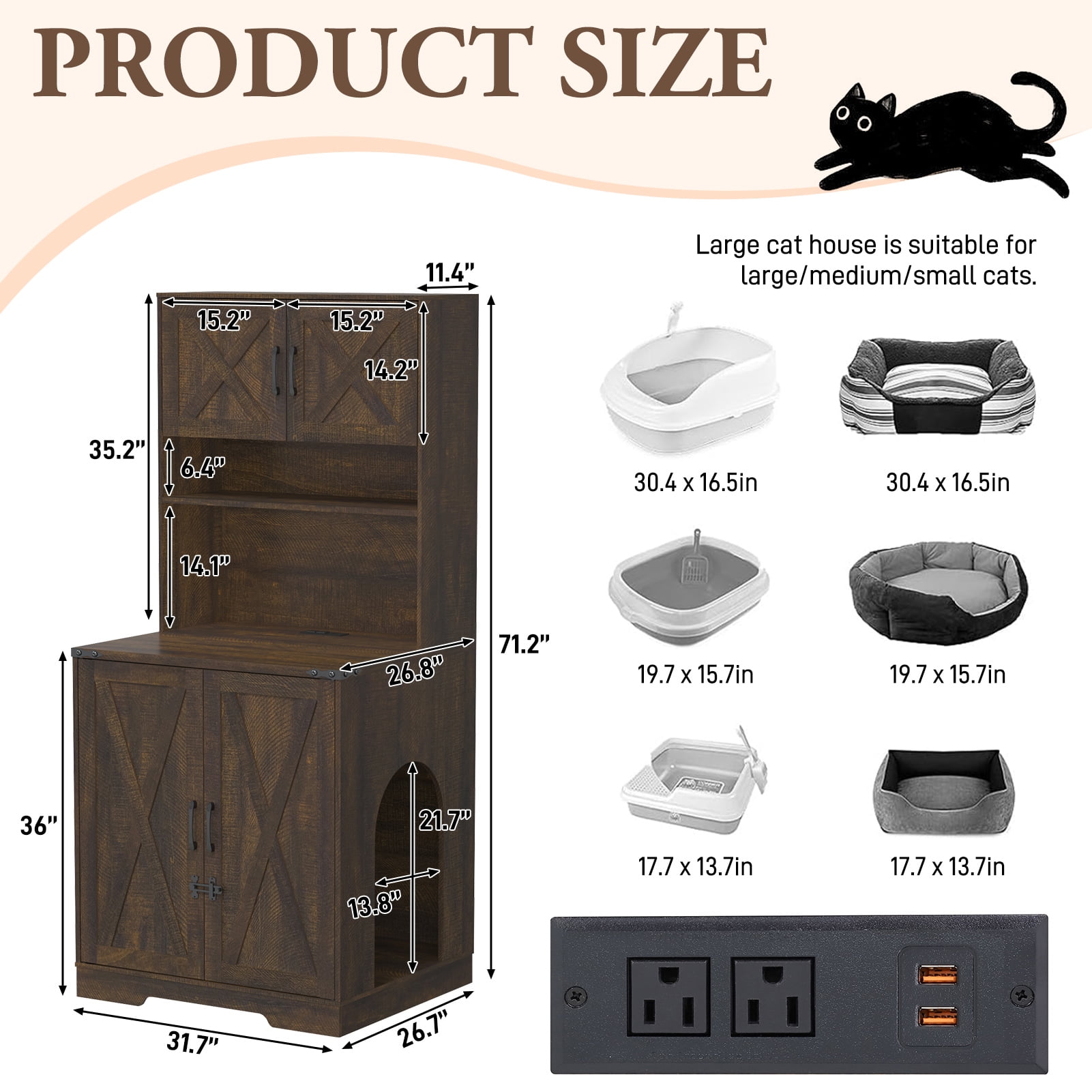 Blotout 71" Tall Farmhouse Cat Litter Box Enclosure W/ Shelves and Doors, Wooden Cat Litter Box Furniture for Self-Cleaning Litter Boxes, Large Hidden Litter Box Furniture W/ Power Outlets, Locks