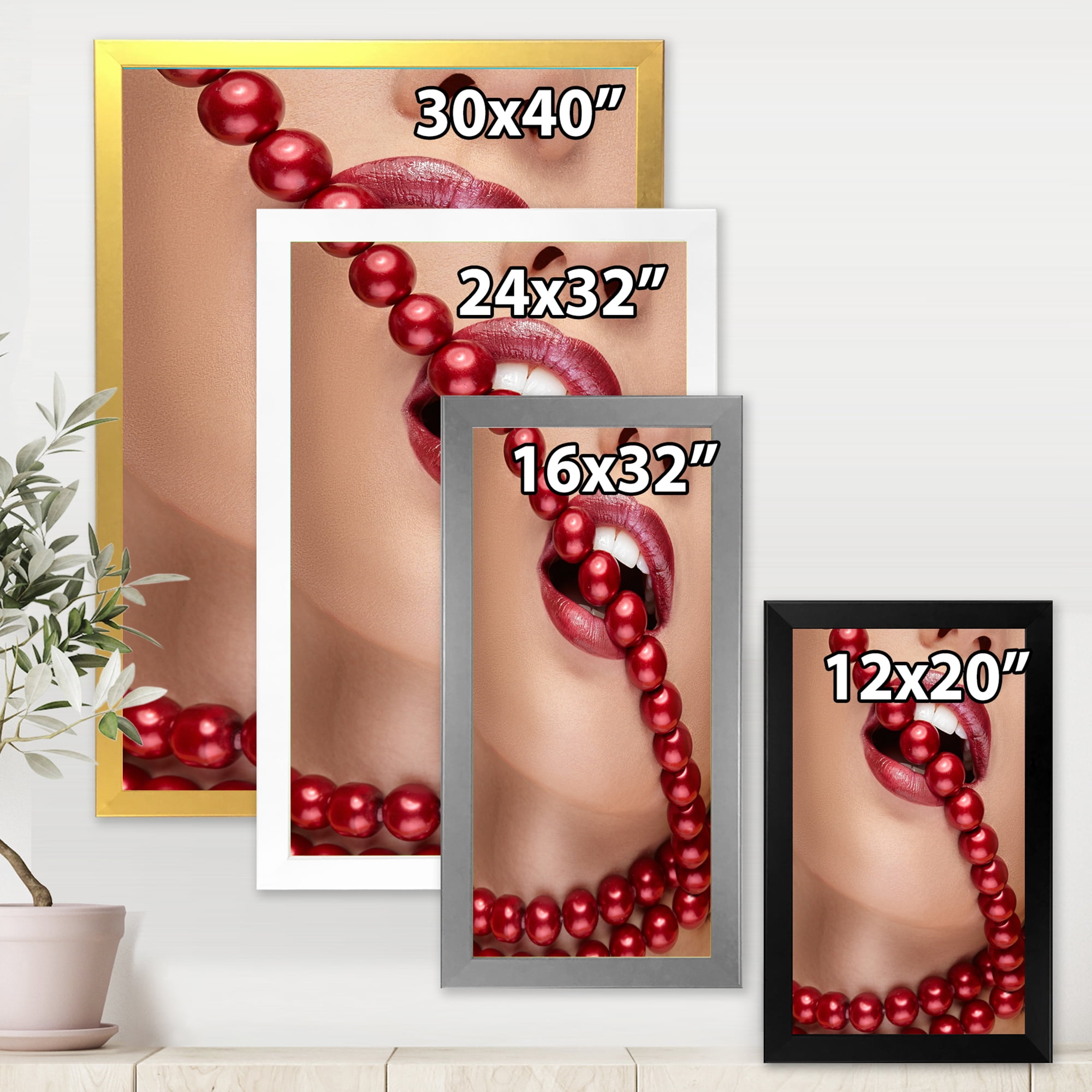 Designart 'Girl Mouth With Red Lipstick Biting Red Pearls' Modern Framed Art Print