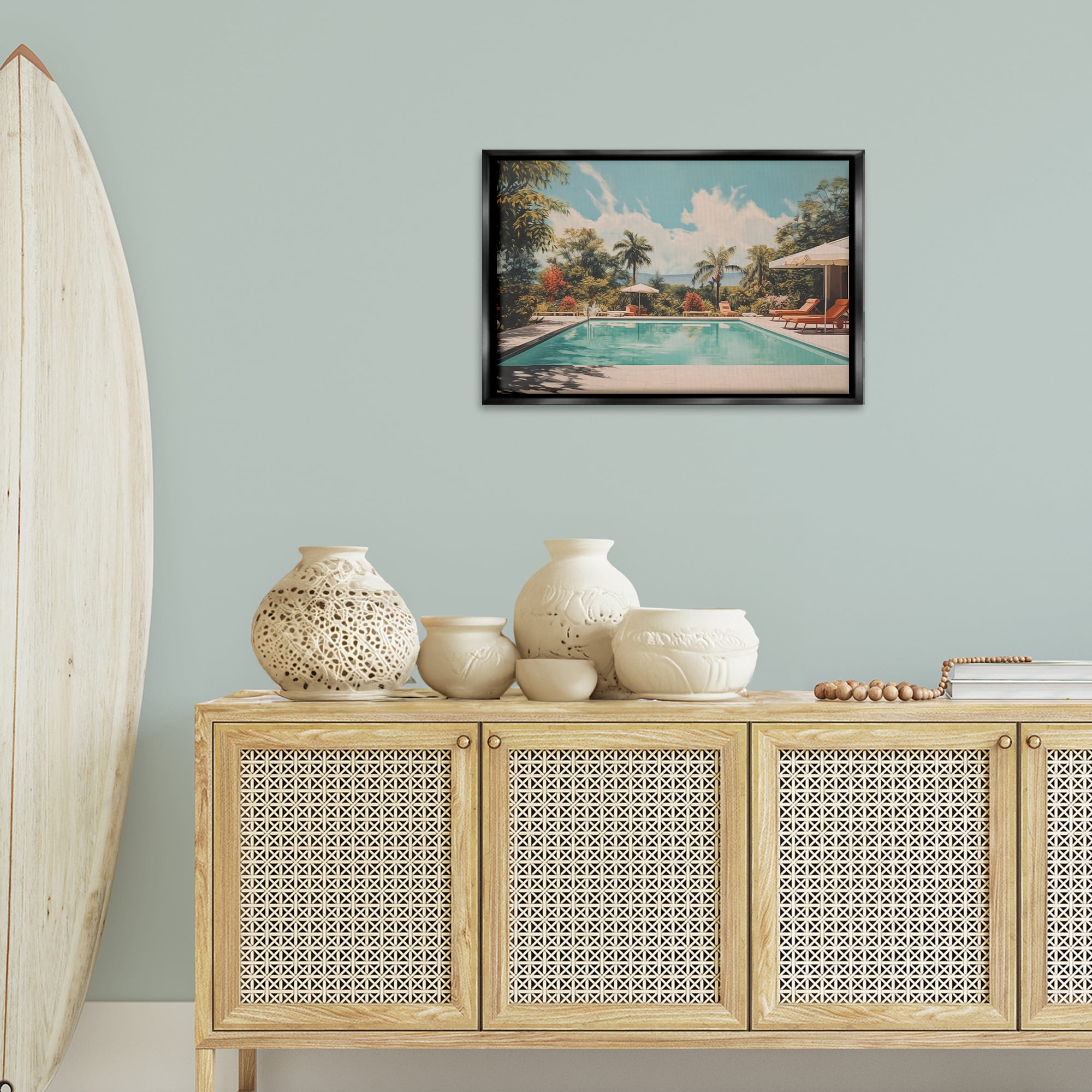 Stupell Industries Tropical Villa Swimming Pool Landscape & Nature Painting Black Floater Framed Canvas Art Print Wall Art, 25 x 17