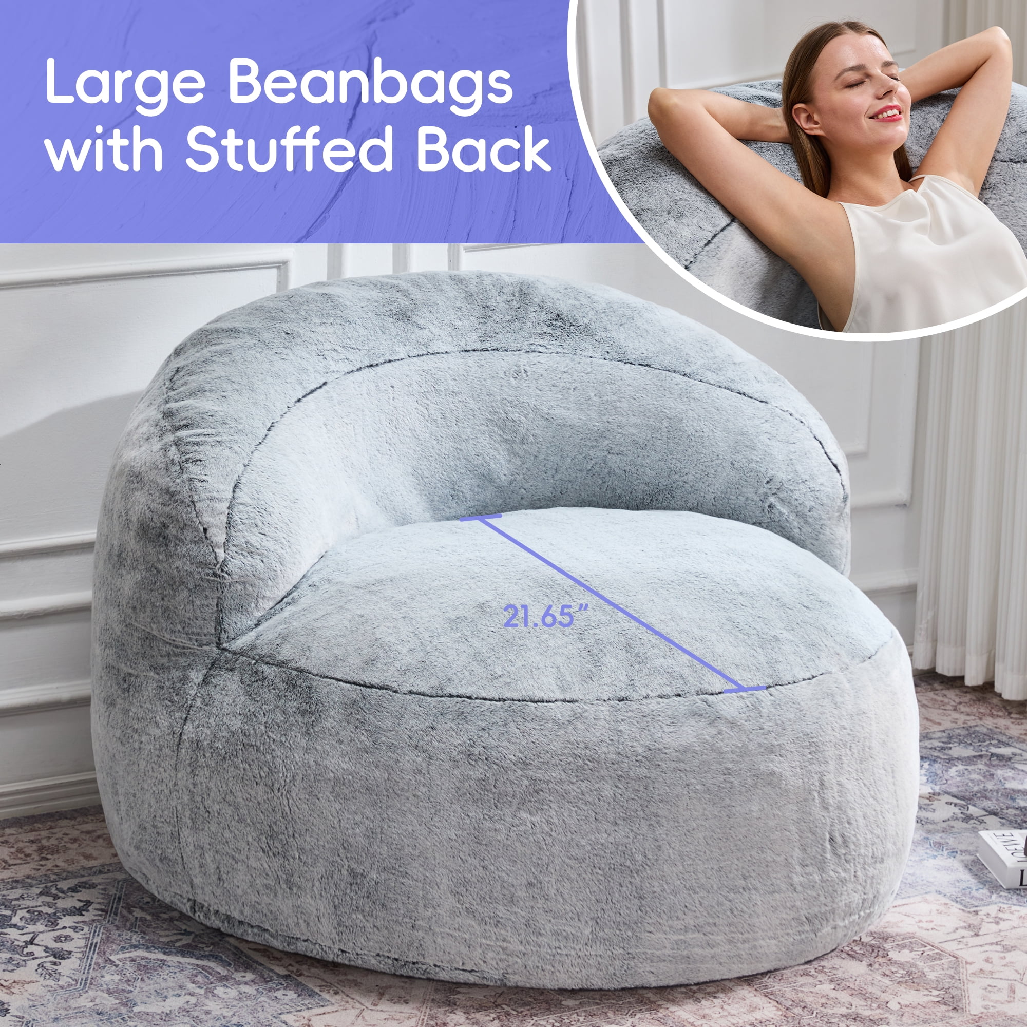 Hobestluk 3FT Bean Bag Chair for Adults with Memory Foam Filler Giant Beanbag with Faux Fur Cover for Bedroom (Plush Grey,Large)