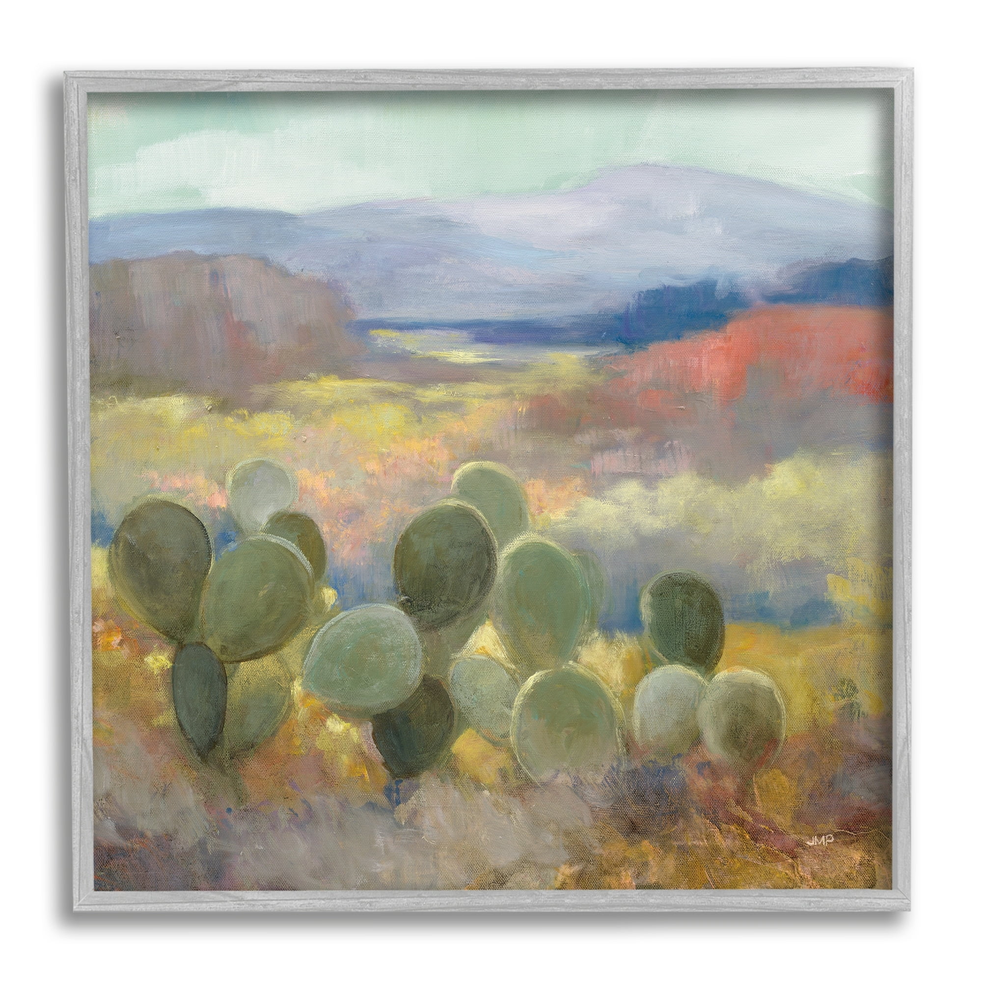 Stupell Industries Prickly Pear Cactus Plant Soft Desert Canyon Landscape Paintings Gray Framed Art Print Wall Art, 17x17, by Julia Purinton