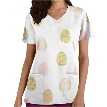 

Women Easter Scrubs Tops Easter Eggs Bunny Print V Neck Short Sleeve Medical Scrub Holiday Shirts Working Uniform with Pockets