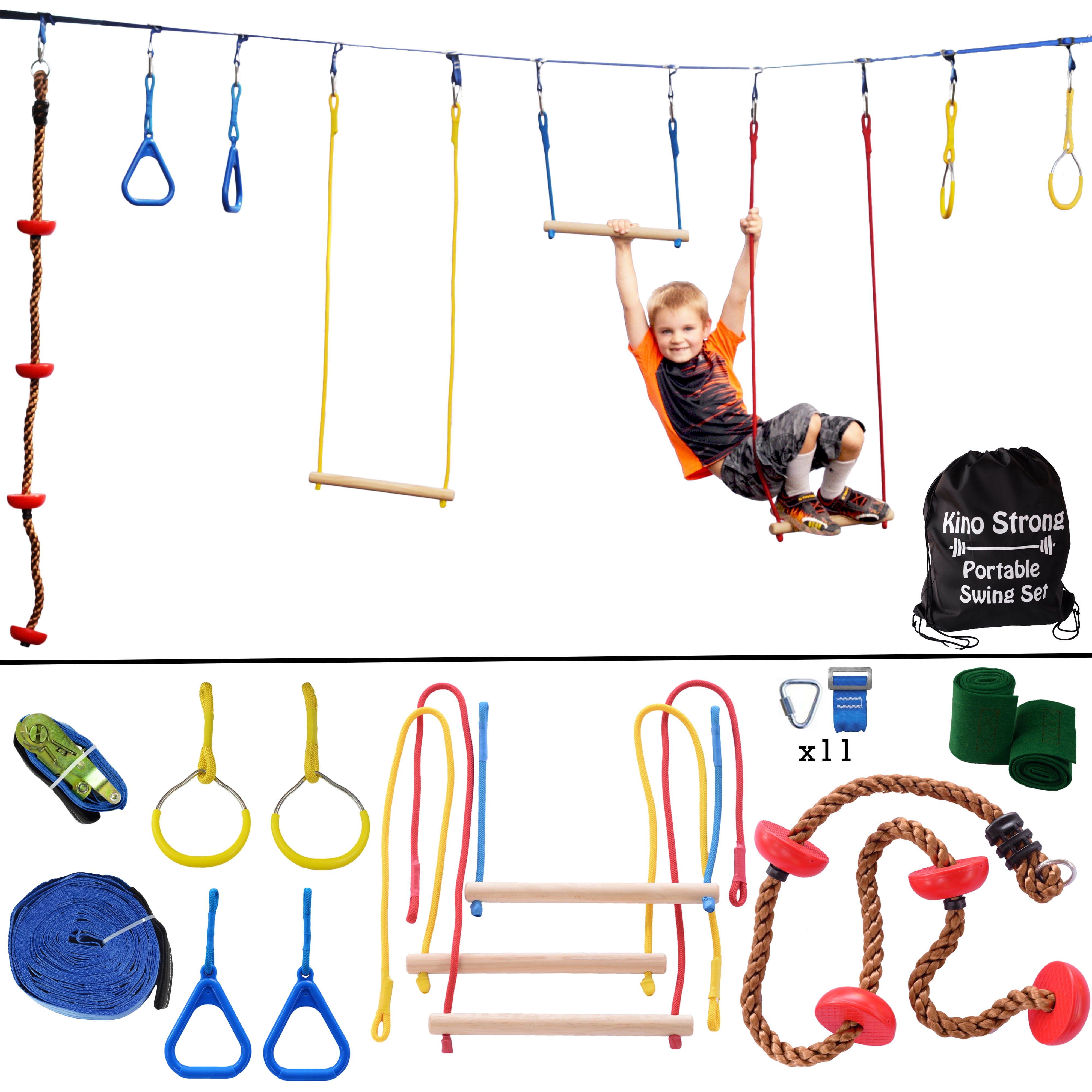 Ninja Hanging Obstacle Course Slackline Monkey Bars Kit 40 Ft Heavy Duty Ratchet 