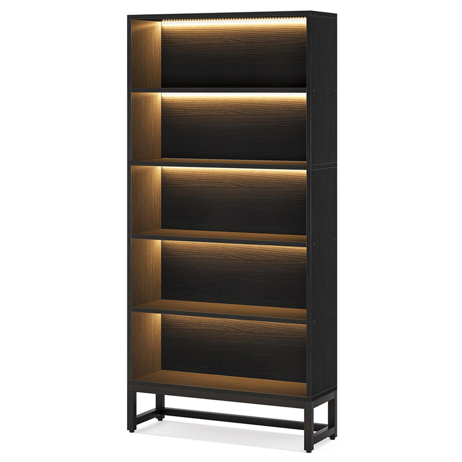 Demi Bonn 5-Tier Bookcase with LED Lights, Wood and Metal Bookshelf Storage Organizer, 70" Tall Display Standing Shelf Unit for Bedroom, Living Room, Black