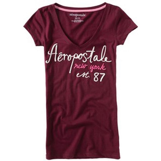 Aeropostale - Camiseta gráfica para mujer con cuello en V y manga Est 87, roja, pequeña