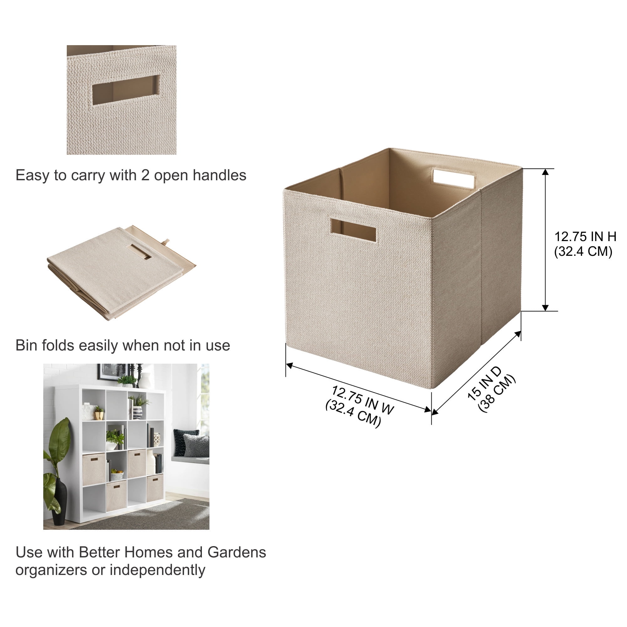 Better Homes & Gardens Fabric Cube Storage Bins, Toasted Almond Textured, 2 Pack, 12.75 in x 12.75 in x 15 in