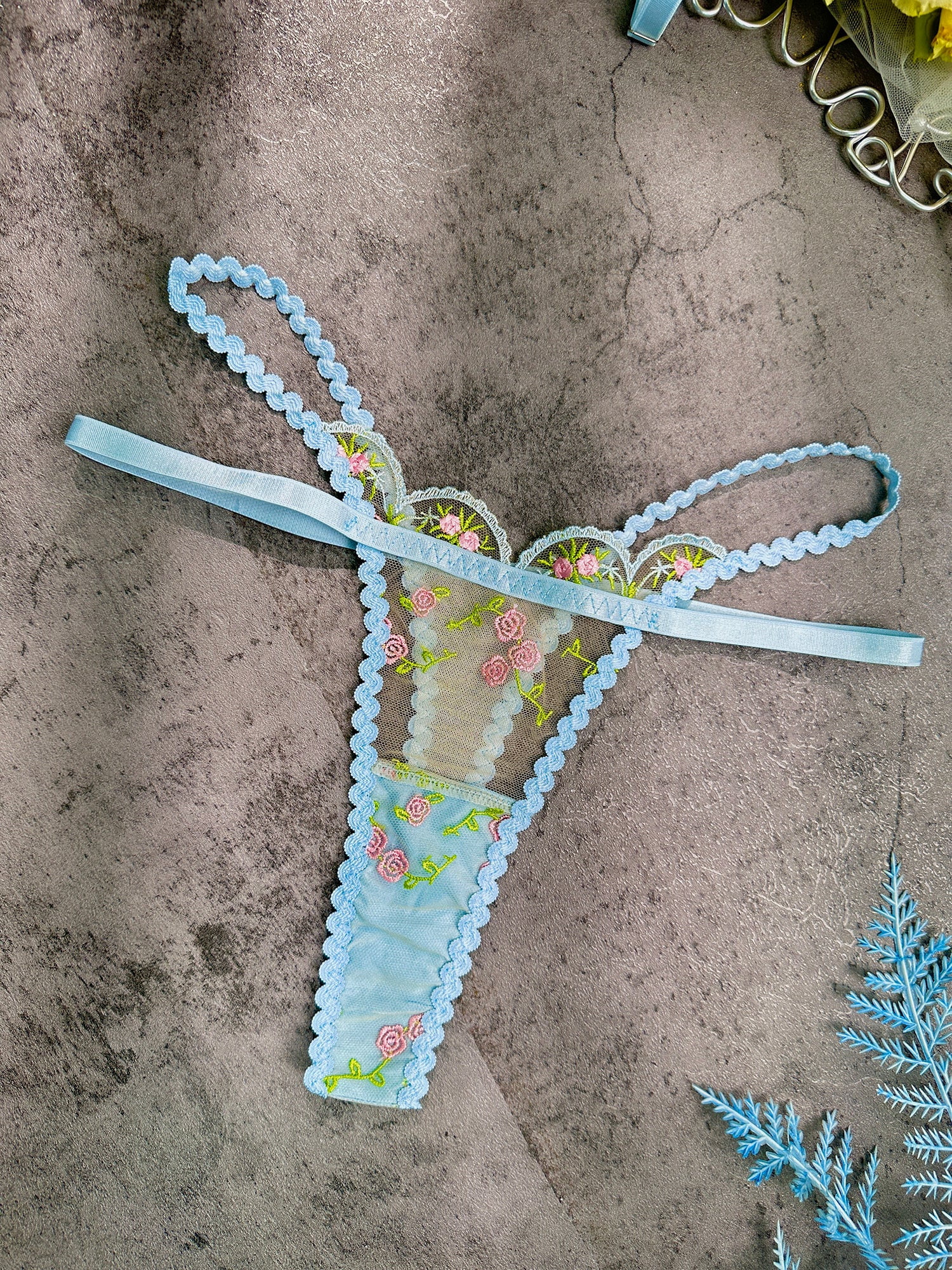 Light Blue Floral Lace Lingerie Set (BLUE, S)