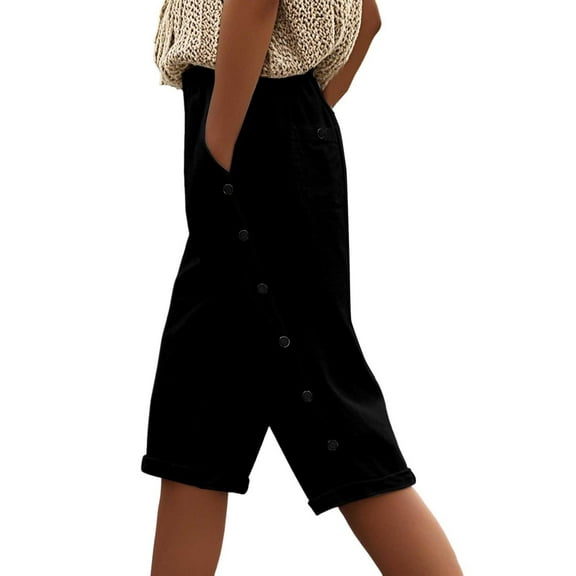 Women's Fashionable Solid High Waist Capri Pants with Pocket, Button, and Drawstring, Casual Style, Polyester Spandex, Multiple Sizes