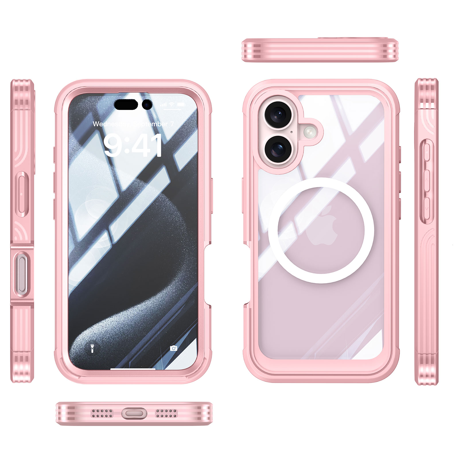 Feishell iPhone 16 Case with Built-in Screen Protector, Pink photo 4